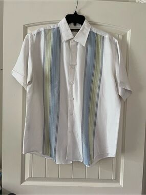 Cubavera Size Large Short Sleeve Button-Up Shirt White/Green/Blue Stripes Ramie